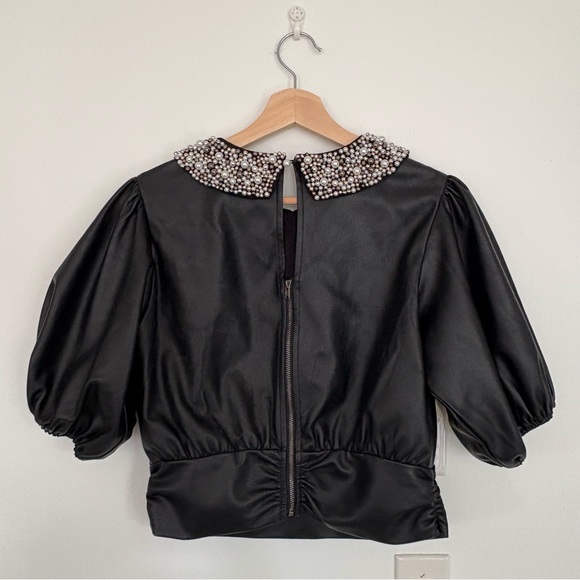 Anthropologie || Faux Leather Puff-Sleeve Blouse Pearls Black Small NWT - Picture 4 of 9
